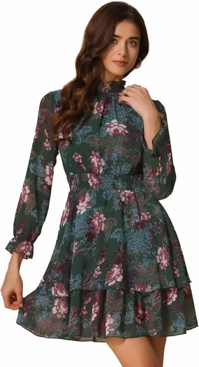 Allegra K Women's Floral Dress Chiffon Long Sleeve Mock Neck Ruffle Layered Smocked Mini Dresses