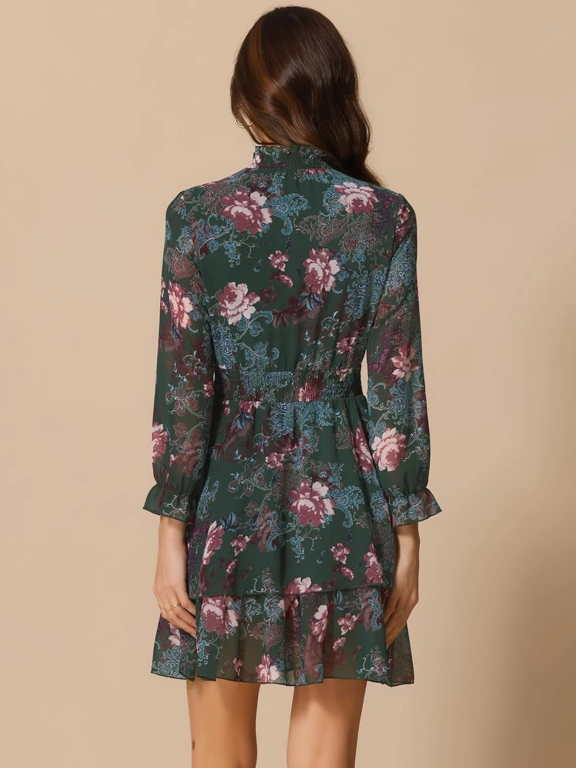 Allegra K Women's Floral Dress Chiffon Long Sleeve Mock Neck Ruffle Layered Smocked Mini Dresses