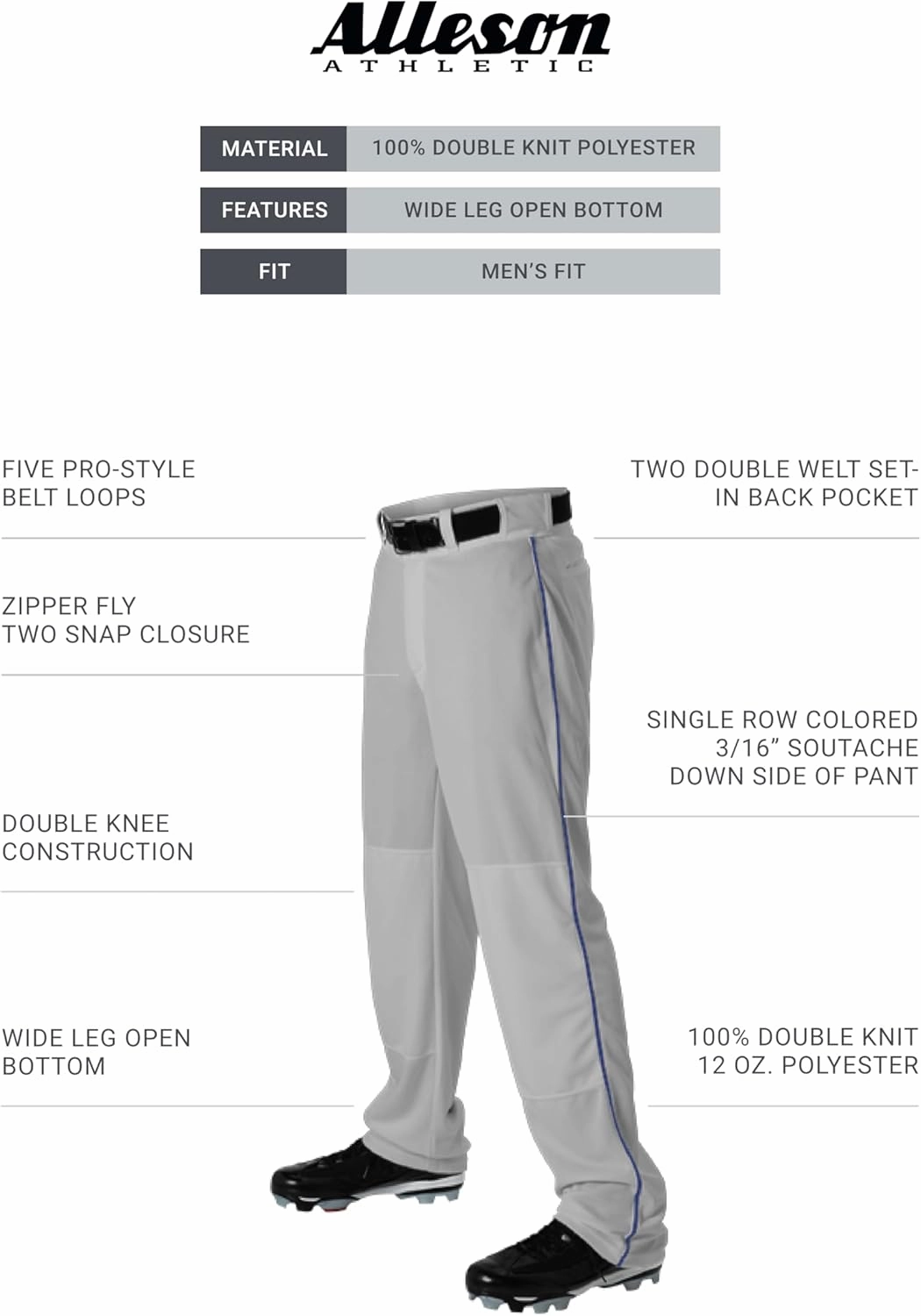 Alleson Athletic Men's Baseball Pant with Braid – Durable, Comfortable Fit, Moisture-Wicking, and Classic Design