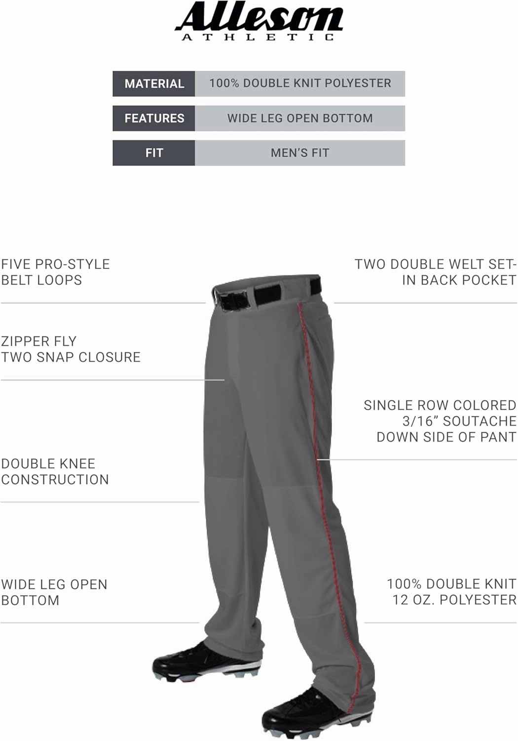 Alleson Athletic Men's Baseball Pant with Braid – Durable, Comfortable Fit, Moisture-Wicking, and Classic Design
