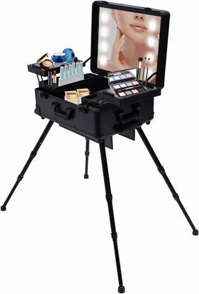 Aluminum Trolley Makeup Case, with 4 Rolling Wheels & LED Light Mirror Adjustable Legs, Cover Panel and Easy-to-Clean Extendable Trays, Robust (Black)
