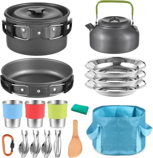 AMAKO 20Pcs Outdoors Camping Pot Set Portable Aluminum Cookware Set Lightweight Compact Nonstick Mess Kit for Camping Hiking Backpacking