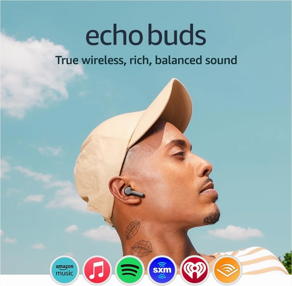 Amazon Echo Buds (newest model), True Wireless Bluetooth 5.2 Earbuds with Alexa, audio personalization, multipoint, 20H battery with charging case, fast charging, sweat resistant, Black