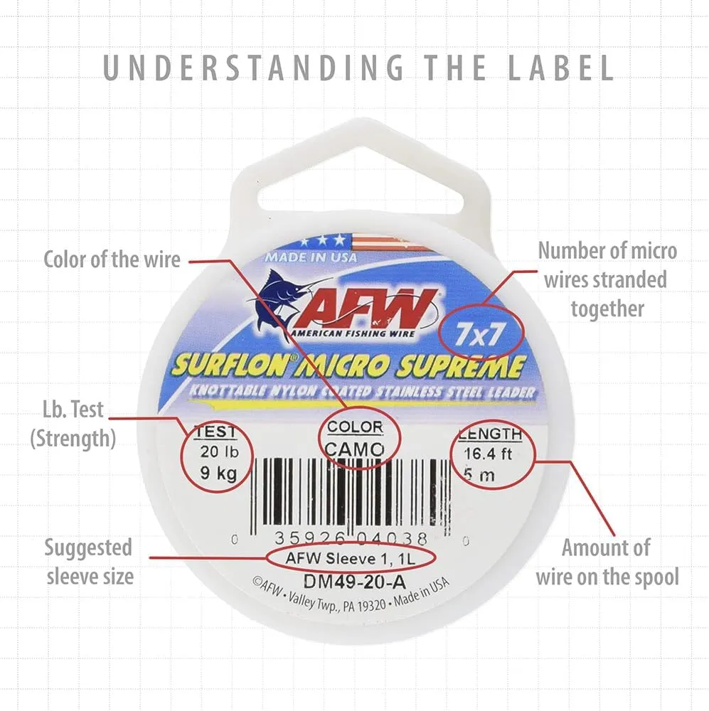 American Fishing Wire Surflon Micro Supreme Nylon Coated 7x7 Stainless Steel Leader Wire - Knottable Wire Leaders for Fishing Saltwater, Fly Fishing, 13lb Test - 90lb Test, Bright, Black & Camo Colors