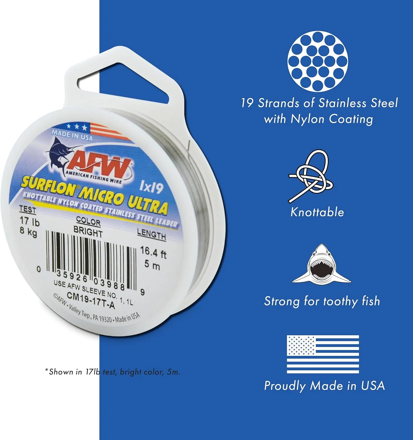 American Fishing Wire Surflon Micro Supreme Nylon Coated 7x7 Stainless Steel Leader Wire - Knottable Wire Leaders for Fishing Saltwater, Fly Fishing, 13lb Test - 90lb Test, Bright, Black & Camo Colors