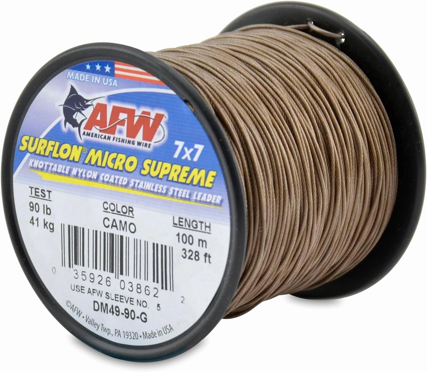American Fishing Wire Surflon Micro Supreme Nylon Coated 7x7 Stainless Steel Leader Wire - Knottable Wire Leaders for Fishing Saltwater, Fly Fishing, 13lb Test - 90lb Test, Bright, Black & Camo Colors