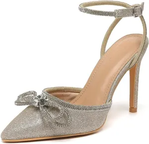 Amoji Women's Stilettos Rhinestone High Heels 4'' Pumps Ankle Strappy for Wedding Party Dressing Dress Shoes 308