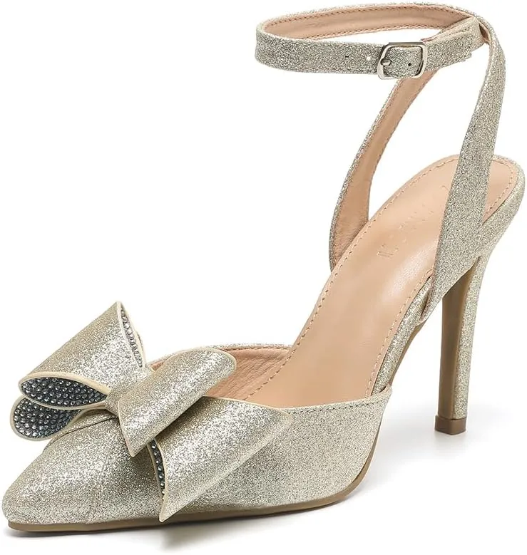 Amoji Women's Stilettos Rhinestone High Heels 4'' Pumps Ankle Strappy for Wedding Party Dressing Dress Shoes 308