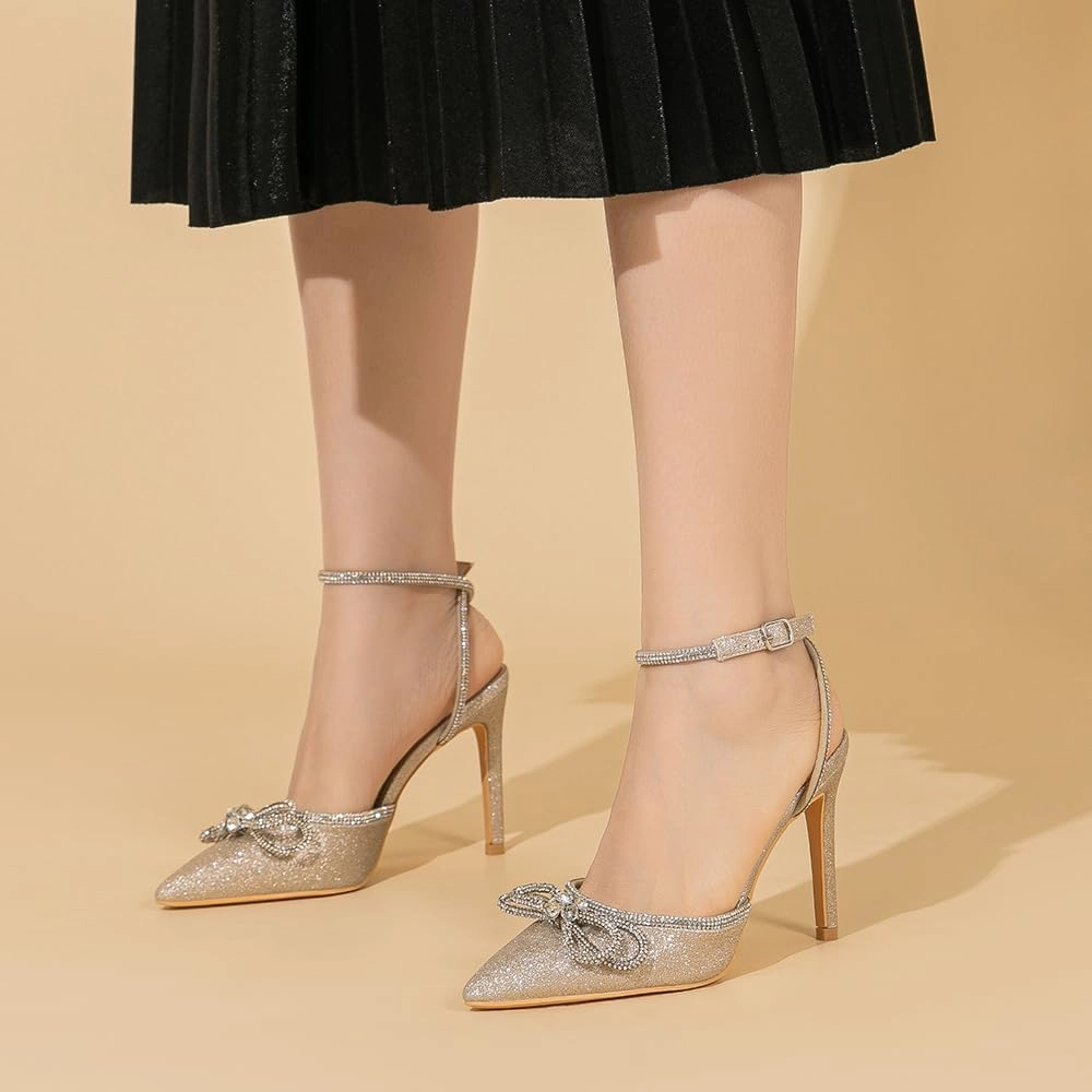 Amoji Women's Stilettos Rhinestone High Heels 4'' Pumps Ankle Strappy for Wedding Party Dressing Dress Shoes 308