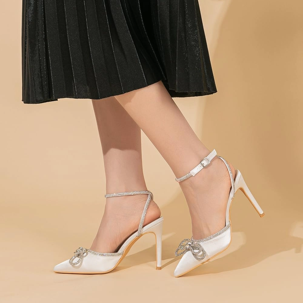 Amoji Women's Stilettos Rhinestone High Heels 4'' Pumps Ankle Strappy for Wedding Party Dressing Dress Shoes 308
