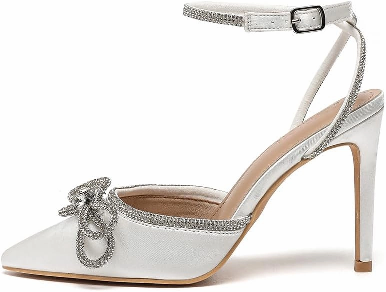 Amoji Women's Stilettos Rhinestone High Heels 4'' Pumps Ankle Strappy for Wedding Party Dressing Dress Shoes 308