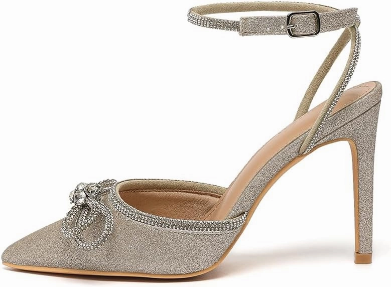 Amoji Women's Stilettos Rhinestone High Heels 4'' Pumps Ankle Strappy for Wedding Party Dressing Dress Shoes 308