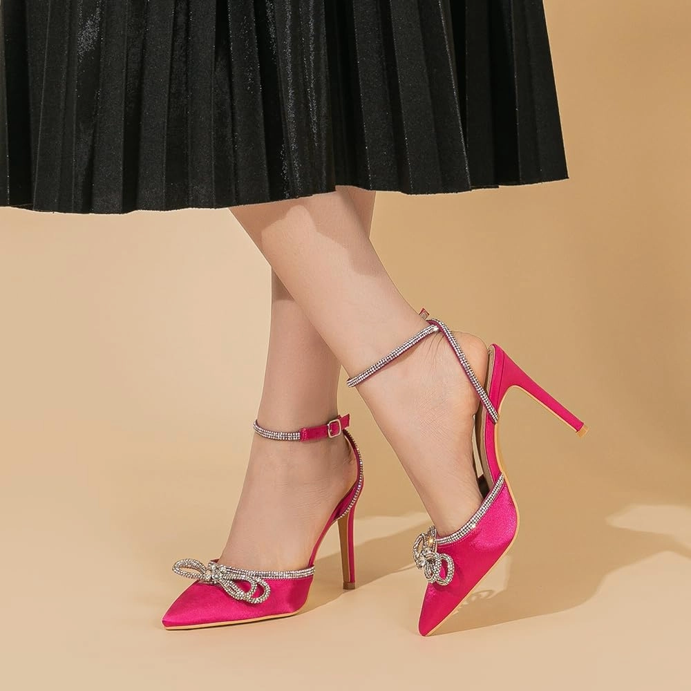 Amoji Women's Stilettos Rhinestone High Heels 4'' Pumps Ankle Strappy for Wedding Party Dressing Dress Shoes 308
