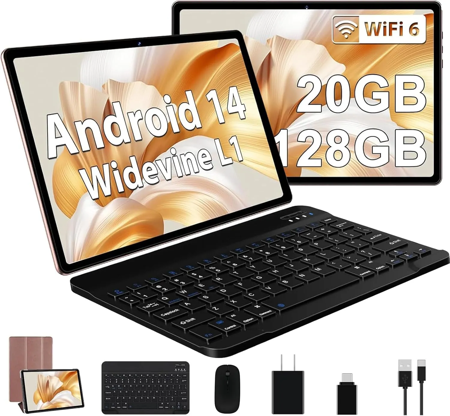 Android 14 Tablet 10 Inch Tablets, 20GB 128GB/1TB Expandable, Tablets with Octa-Core, WiFi 6, Dual Camera, BT 5.0, 6000mAh Battery, HD IPS Display, Widevine L1, Tablet with Keyboard Mouse - Rose Gold