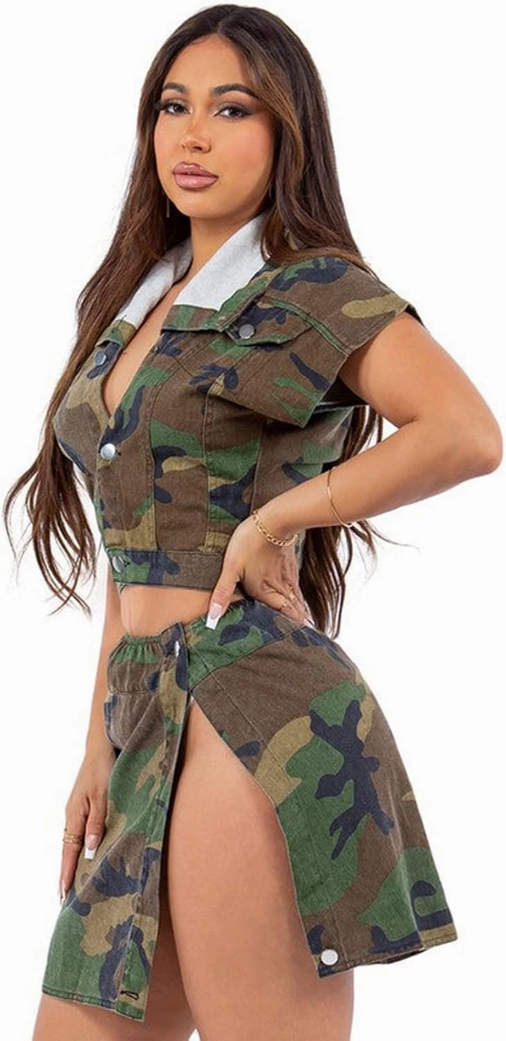 Angsuttc Skirt Sets Women 2 Piece Outfits Camo Denim Turndown Collar Sleeveless Jackets Mini Skirt Outfit