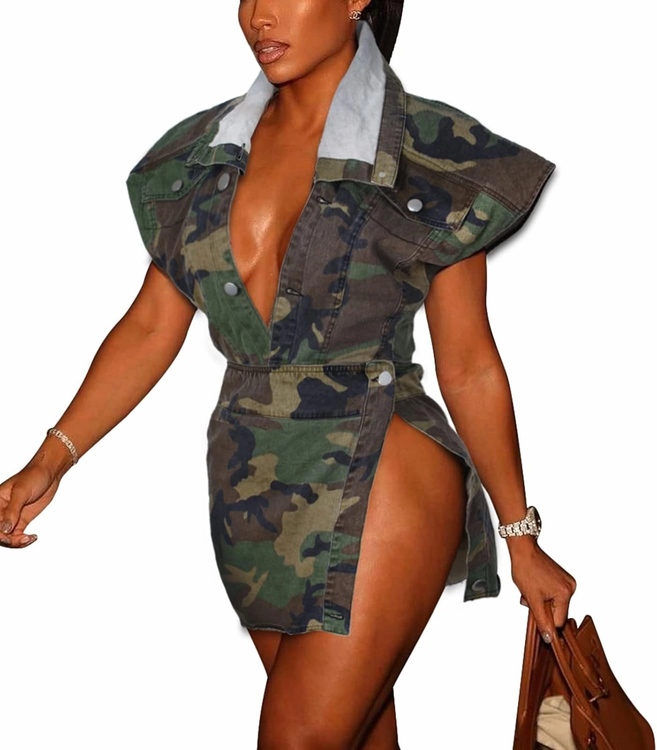 Angsuttc Skirt Sets Women 2 Piece Outfits Camo Denim Turndown Collar Sleeveless Jackets Mini Skirt Outfit