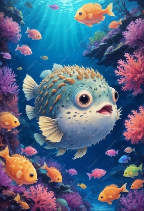Anime Style Pufferfish Swimming Through a Vibrant Coral Reef with a Comical Expression Surrounded by Colorful Fish and Glow Jigsaw Puzzles 1000 Pieces Games Toys Best Gift for Adults and Kids