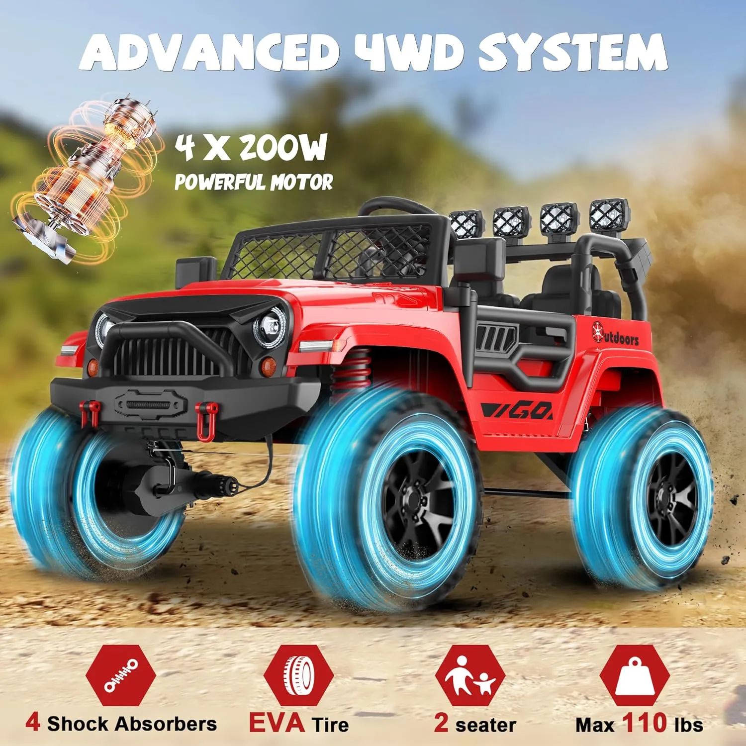ANPABO 24V 2 Seater Ride on Toy Truck w/EVA Tires, 4X200W Motors, 4 Shock Absorbers, 2.4G Remote Control, Bluetooth Radio, LED Headlights & Searchlights, Electric Car for Kids 3-8,Bright red