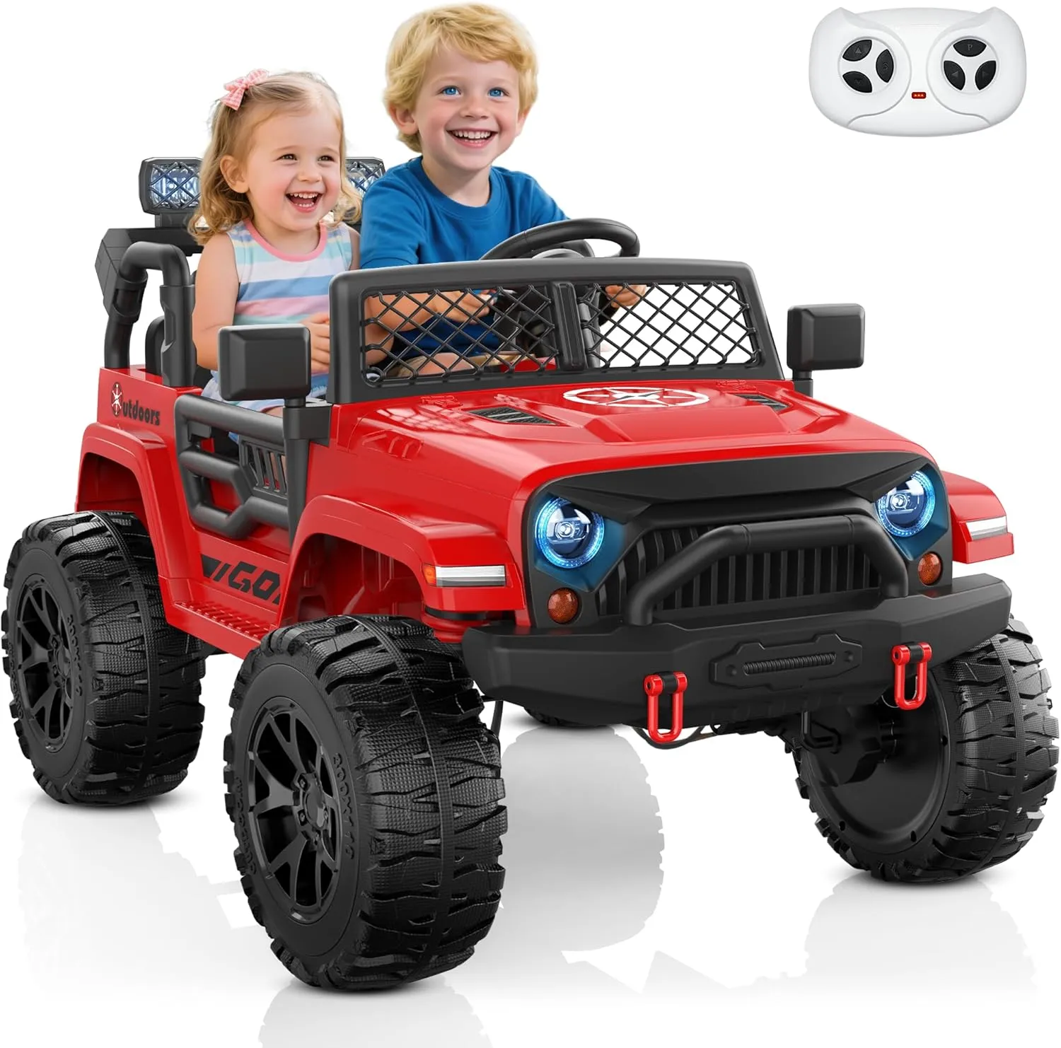ANPABO 24V 2 Seater Ride on Toy Truck w/EVA Tires, 4X200W Motors, 4 Shock Absorbers, 2.4G Remote Control, Bluetooth Radio, LED Headlights & Searchlights, Electric Car for Kids 3-8,Bright red