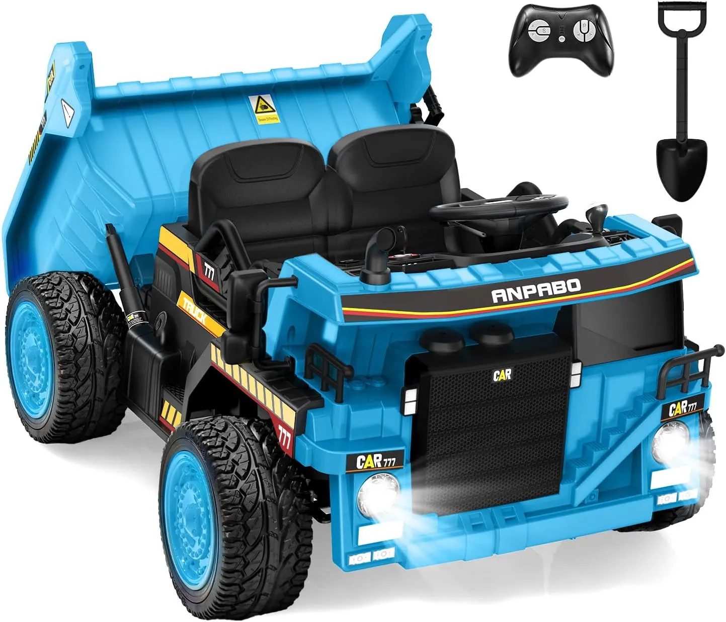 ANPABO 24V Ride On Dump Truck, 2X75W Powerful Motors, Up to 4.4Mph, EVA Tires, Construction Vehicle w/Electric Dump Bed and Extra Shovel, 19" Spacious Seat, Kids Car w/Parent Remote -Blue