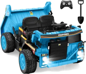 ANPABO 24V Ride On Dump Truck, 2X75W Powerful Motors, Up to 4.4Mph, EVA Tires, Construction Vehicle w/Electric Dump Bed and Extra Shovel, 19" Spacious Seat, Kids Car w/Parent Remote -Blue