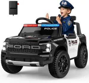 ANPABO Licensed Ford Police Car Ride On, 12V Kids Cars to Drive w/Realistic LED Siren Flashing Light, Megaphone, Remote Control, Music, Storage Trunk, Electric Cars for Kids Ages 2-5, Black