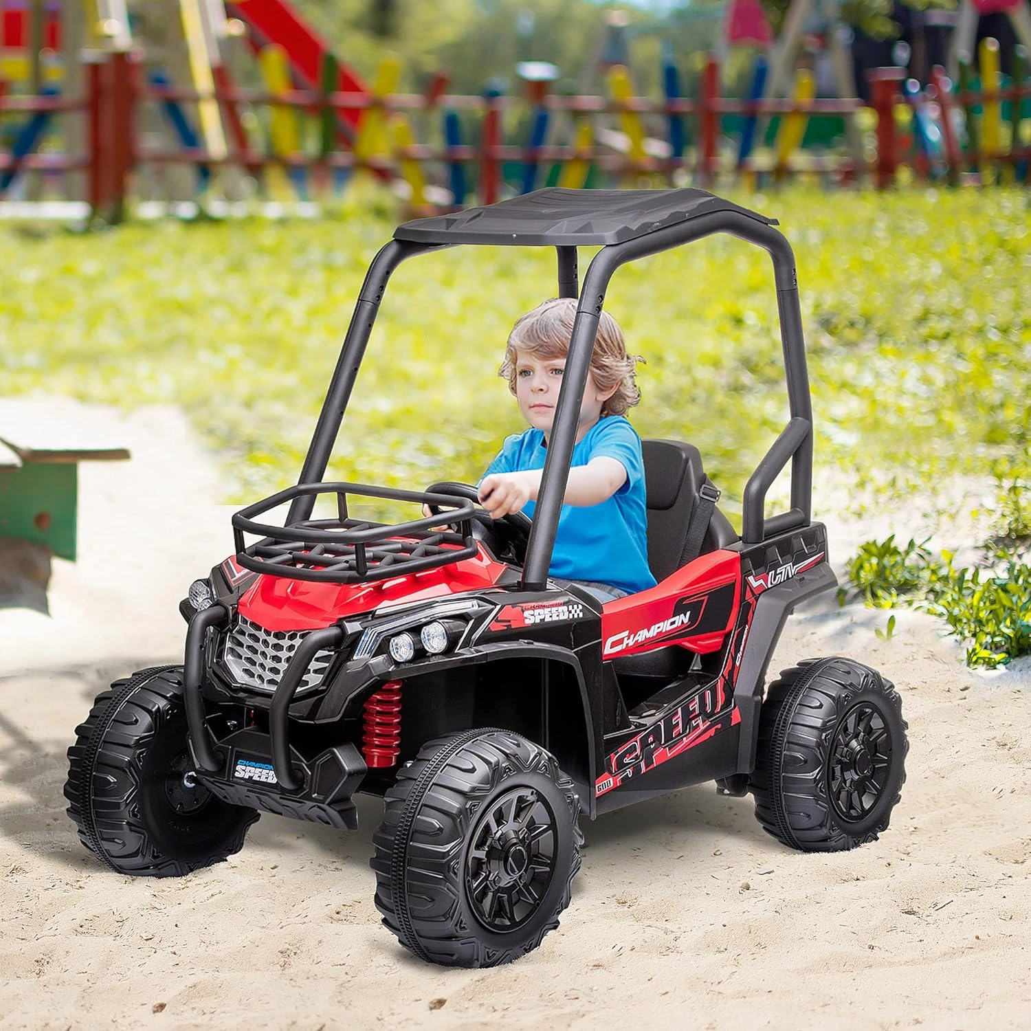 Aosom 12V Kids UTV, Battery Powered Electric Ride on Car with Music, Lights, MP3/USB, Suspension System & Remote Control, Toy Vehicle for Boys and Girls, Red