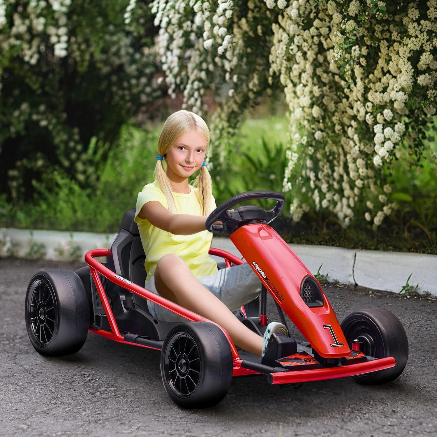 Aosom 24V 8.1 MPH Electric Go Kart, Drifting Car Battery Powered Ride on Toy Outdoor with Slow Start, Music, Horn Honking and Safety Belt, for 8-12 Years Old, Red