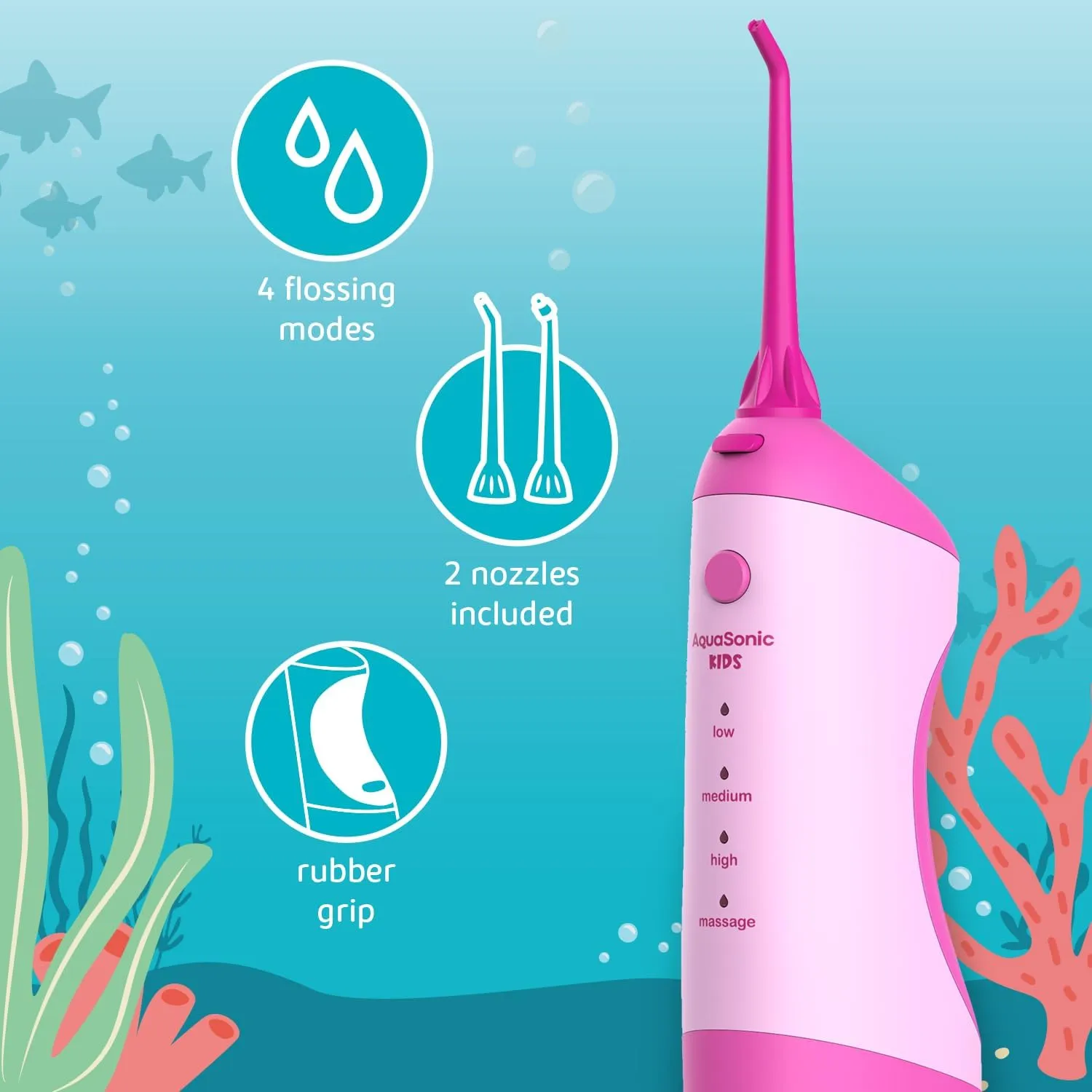 AquaSonic Kids' Water Flosser for Ages 6  | Standard Nozzle, Orthodontic Nozzle & Waterproof Stickers | 4 Flossing Modes | Aquarium Adventures Theme (Pink)