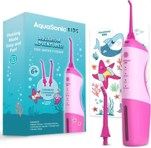 AquaSonic Kids' Water Flosser for Ages 6  | Standard Nozzle, Orthodontic Nozzle & Waterproof Stickers | 4 Flossing Modes | Aquarium Adventures Theme (Pink)