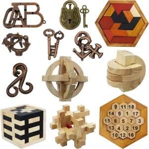 Arlai 12 pcs Wooden Brain Teaser Puzzle and Metal 3D Unlock Interlocking Jigsaw Educational Toy for Kids and Adults Brain Games Durable Easy to Assemble Birthday Gifts Educational Toys