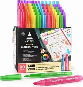 ARTEZA Highlighters – Bulk Set of 60 Neon Colors with Broad and Narrow Chisel Tips, Non-Toxic Quick-Dry Markers for School, Office, Journaling & Notes