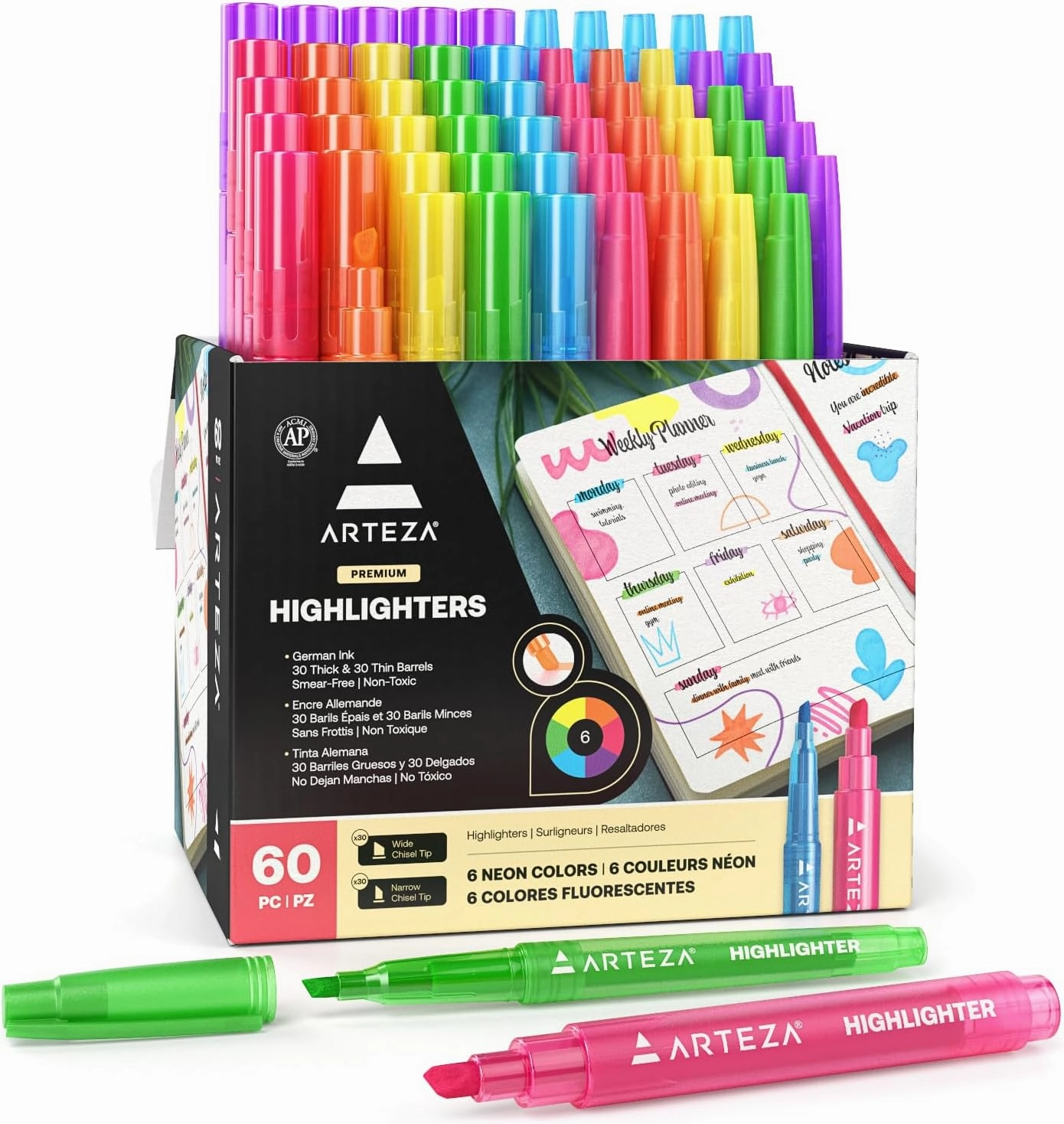 ARTEZA Highlighters – Bulk Set of 60 Neon Colors with Broad and Narrow Chisel Tips, Non-Toxic Quick-Dry Markers for School, Office, Journaling & Notes