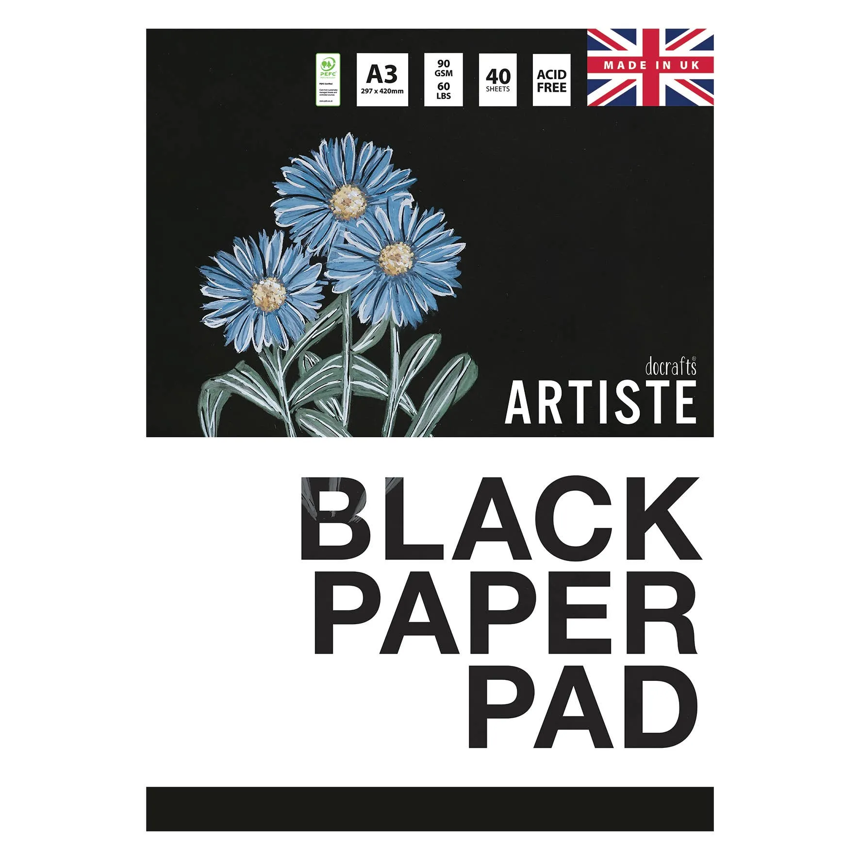 Artiste Black Paper Pad, 90gsm, 40 Sheets, Black, A3, Ideal Sketchbook for Adults, Art Notebook for Artists and Kids, Creative Book for Paint, Pencil and Colouring