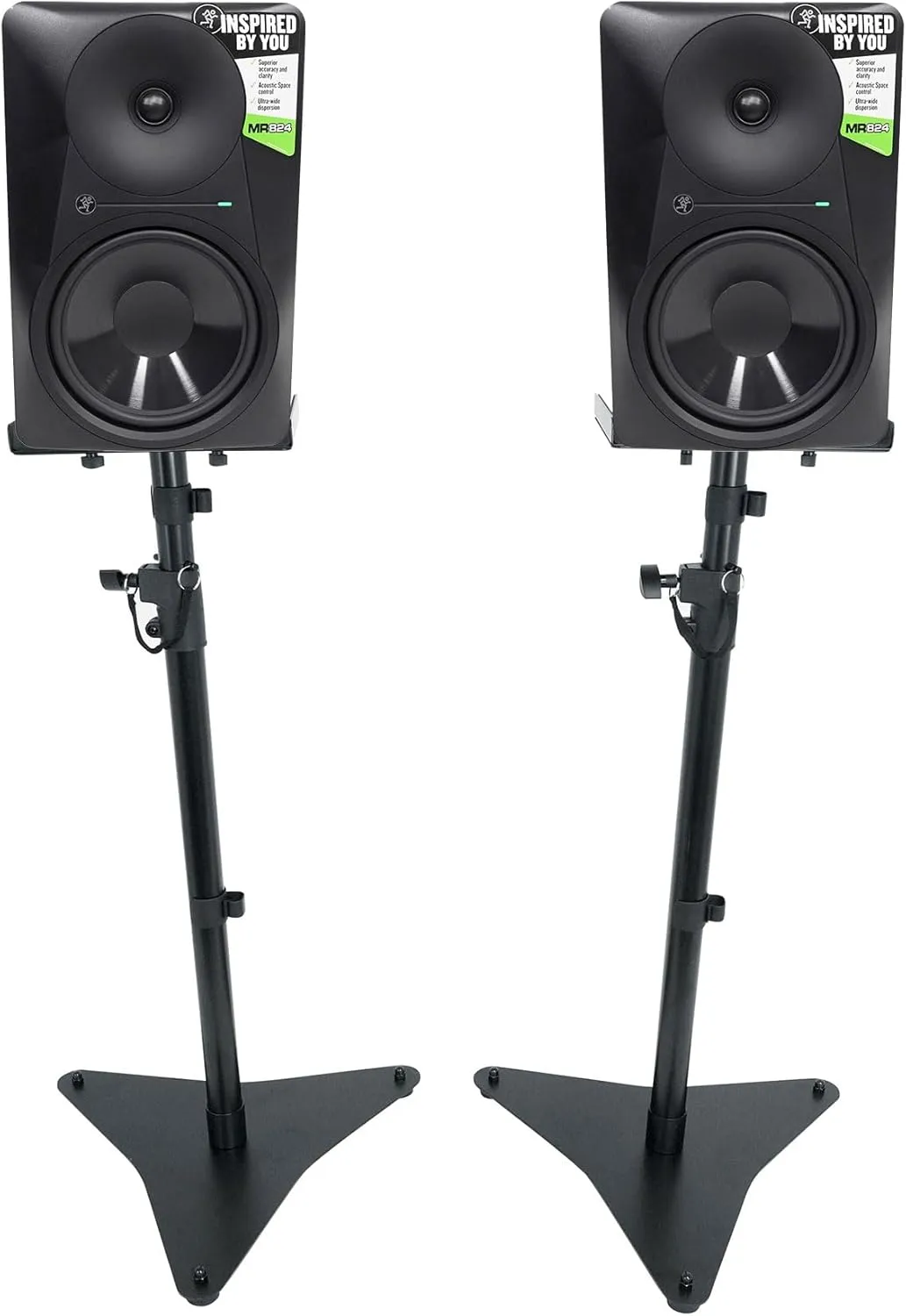 Audiosavings Bundle: (2) Mackie MR824 8 85 Watt Powered Active Studio Monitor Class A/B Bi-Amped Speaker Bundle with Rockville RVSM5 Pair Studio Monitor Bookshelf Speaker Stands (3 Items)