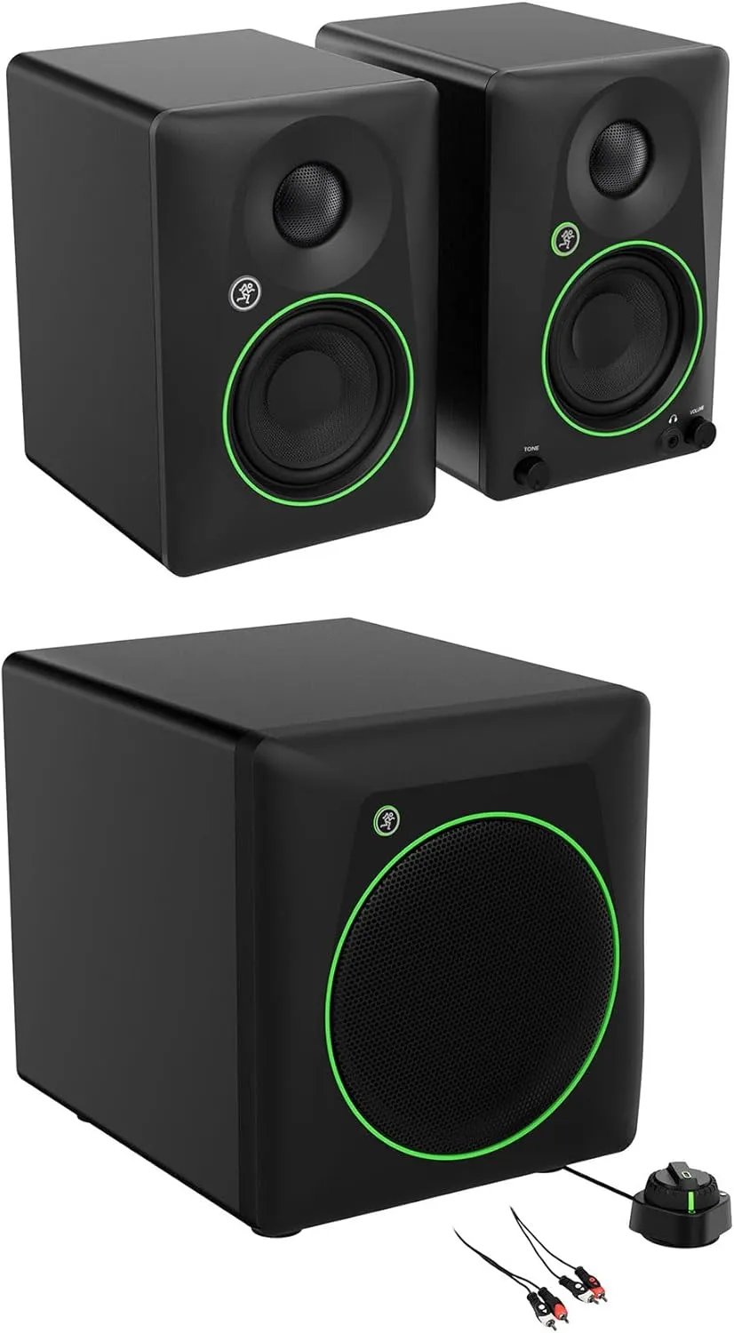 Audiosavings Bundle: Pair of Mackie CR3.5 3.5" Powered Studio Monitors Speakers Bundle with Mackie CR8SBT 8" Powered Subwoofer, Rockville RCDR10B 10' Dual RCA to Dual RCA Pro Audio Cable (3 Items)