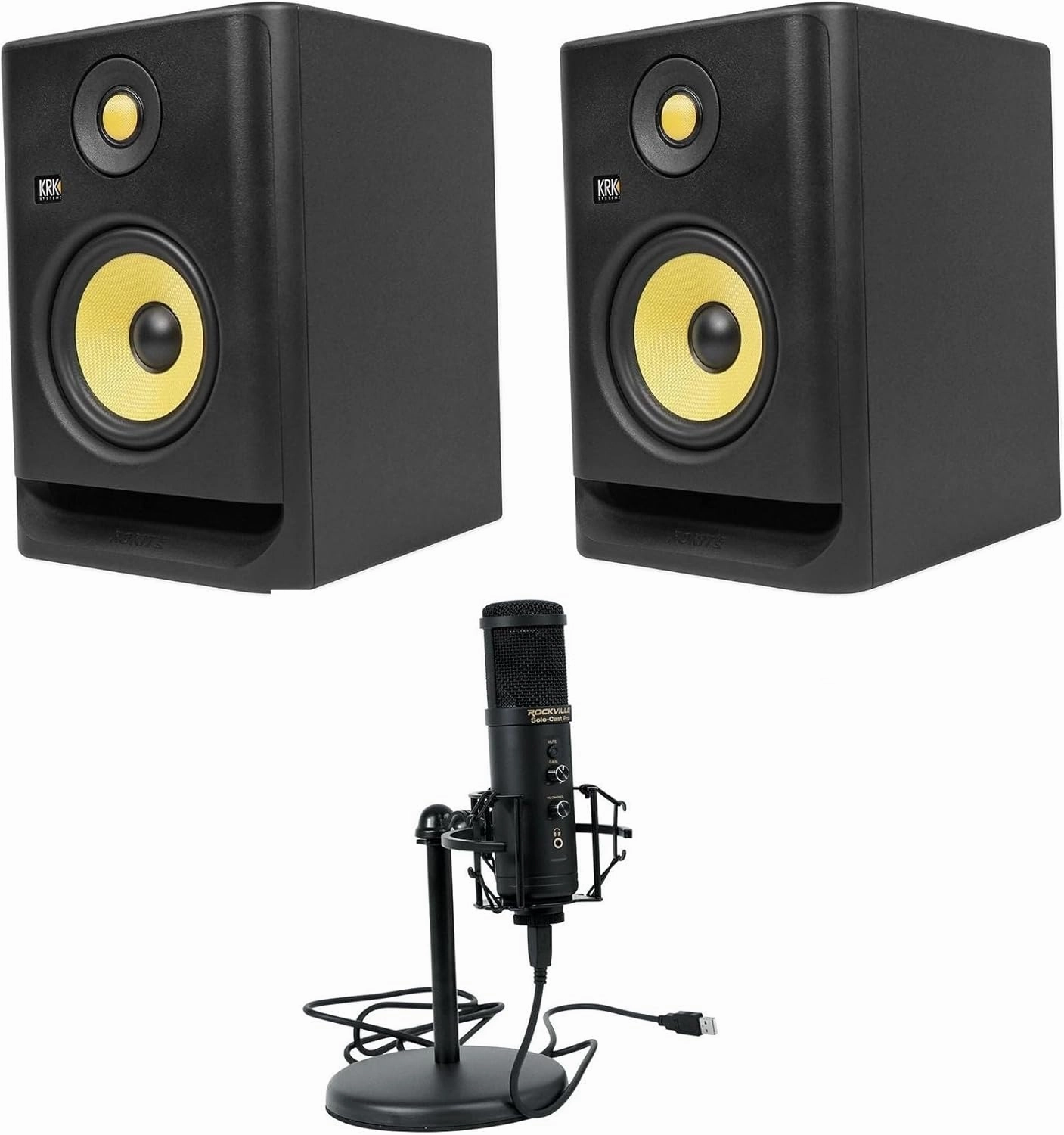 Audiosavings Bundle: (2) RP5G4 5" Bi-Amped Active Powered Studio Monitor Speaker Bundle with Rockville Solo-Cast Pro 24 bit 192Khz USB Computer Microphone PC Zoom Mic Stand (3 Items)
