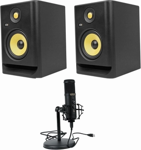 Audiosavings Bundle: (2) RP5G4 5" Bi-Amped Active Powered Studio Monitor Speaker Bundle with Rockville Solo-Cast Pro 24 bit 192Khz USB Computer Microphone PC Zoom Mic Stand (3 Items)