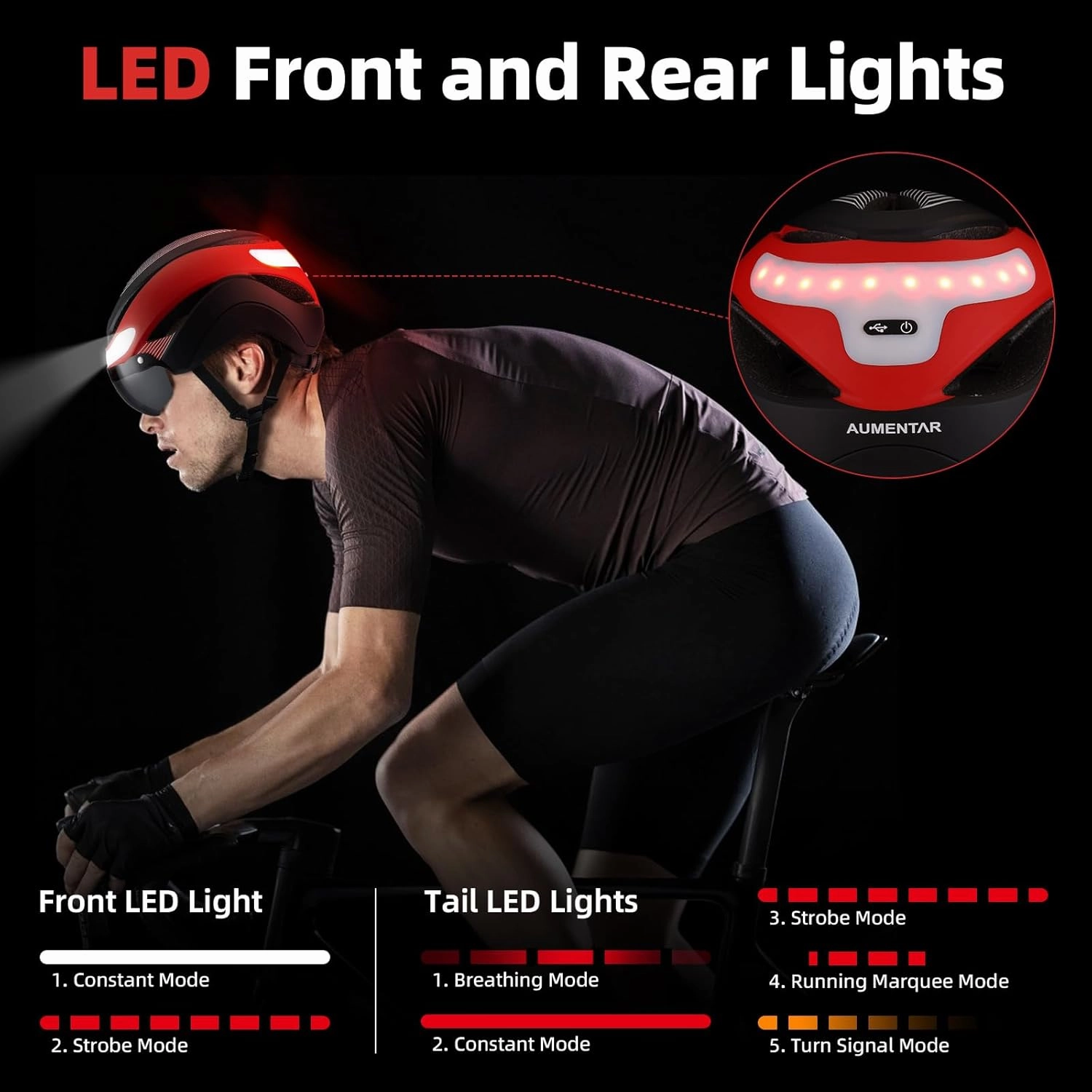 AUMENATR Adult Bike Helmet with USB Rechargeable LED Front & Rear LED Light Mountain Road Cycling Helmets for Men Women Bicycle Helmet Removable Goggles