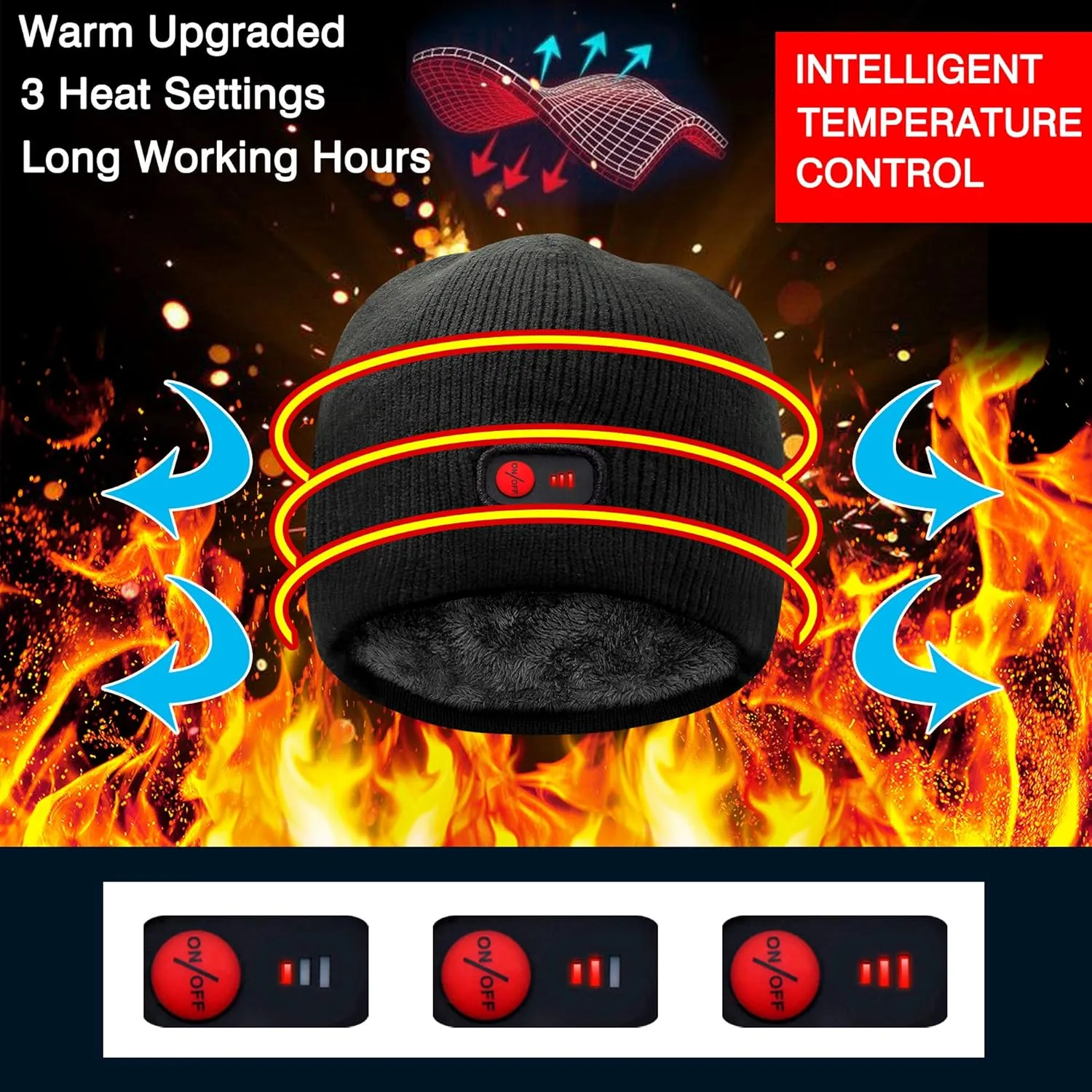 Autocastle 7.4V Heated Hat Men Women Battery Heat Cap Winter Warm Rechargeable Electric Battery Knitted Skull Beanies,Black