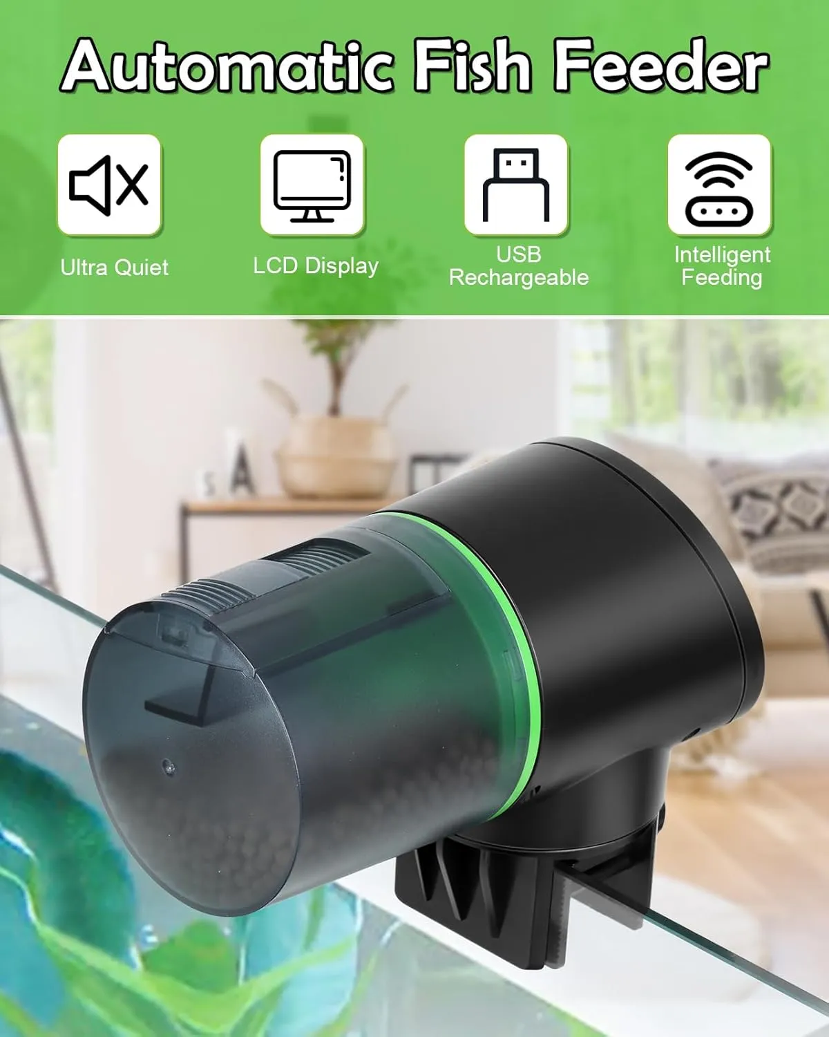 Automatic Fish Feeder for Aquarium - Rechargeable Fish Food Auto Dispenser Vacation Turtle Feeder with USB Charger Cable，LCD Screen, Customized Schedule，Black