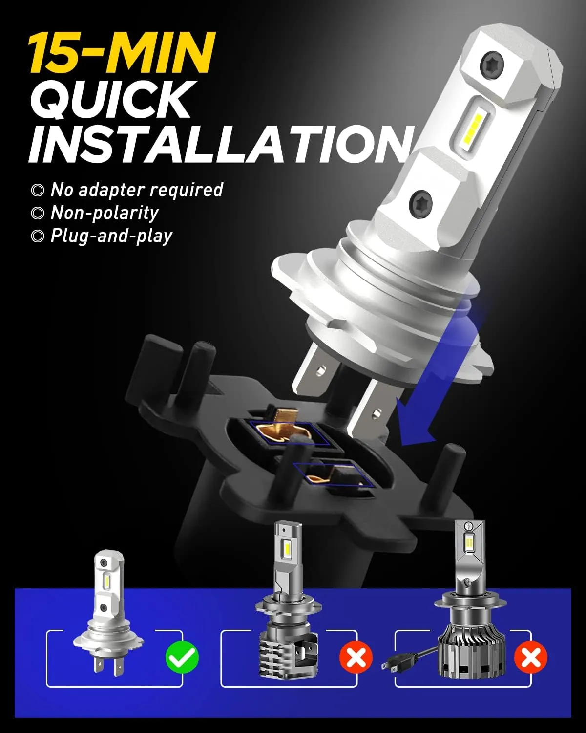 AUTOONE Upgraded H7/H7LL LED Light Bulb, Super Bright Real 1:1 Halogen Mini Size, 10-Year Extended Lifespan, 6500K White Illumination for Automotive Fog Lights, Plug and Play, Pack of 2