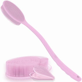 Avilana Style 2 Silicone Body Scrubber (Pink)   Long Handle Silicone Back Scrubber (Pink)   Gentle Face Scrubber (Pink) | Quick-Dry Shower Set for Daily Full-Body Cleansing