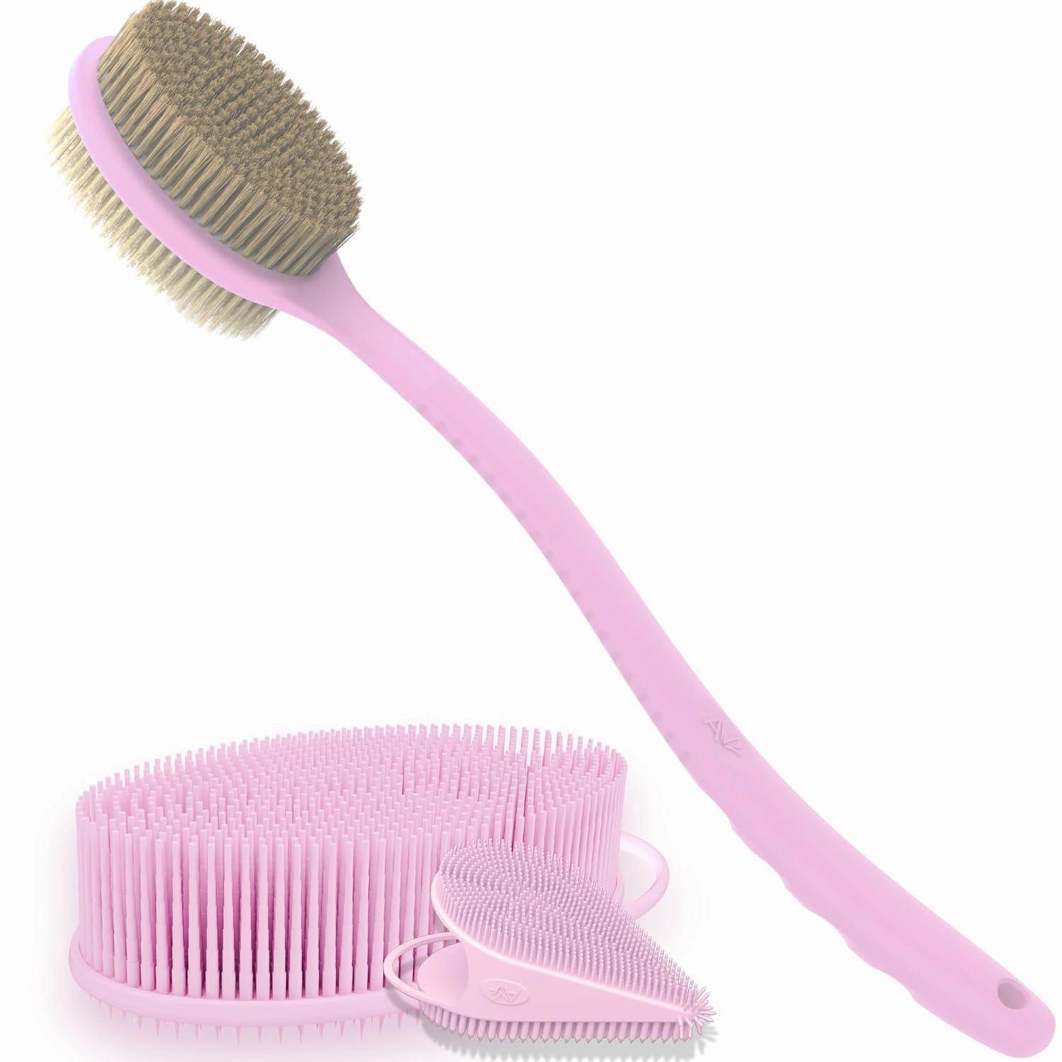 Avilana Style 2 Silicone Body Scrubber (Pink)   Long Handle Soft & Stiff Back Scrubber (Pink)   Gentle Face Scrubber (Pink) | Quick-Dry Shower Set for Full-Body & Facial Cleansing