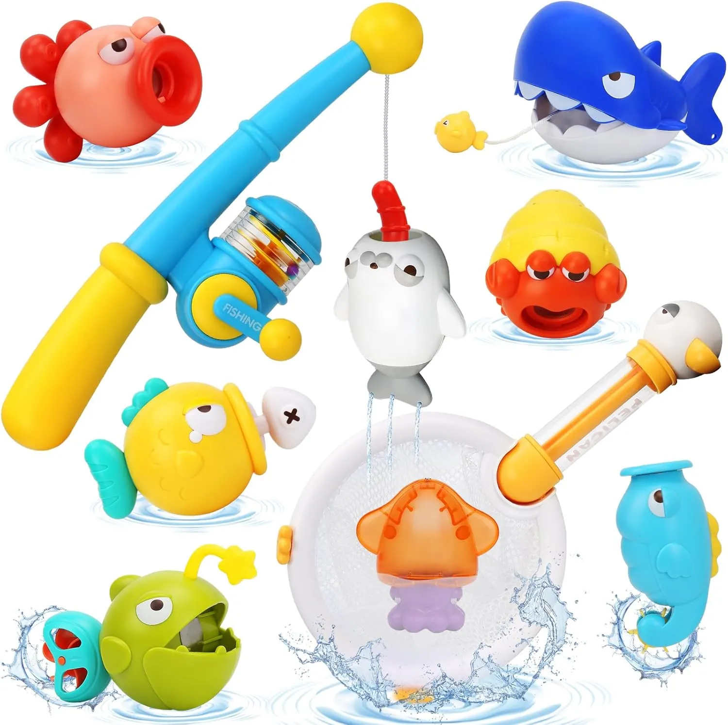 Baby Bath Toys for Kids Ages 1-3，Magnetic Fishing Game for Bath Toys Toddlers 2-4 Include a Fishing Rod, 8 Sea Animals and a Scoop Net to Storage Toys, Infant Tub Pool Toys for Toddlers 1-3