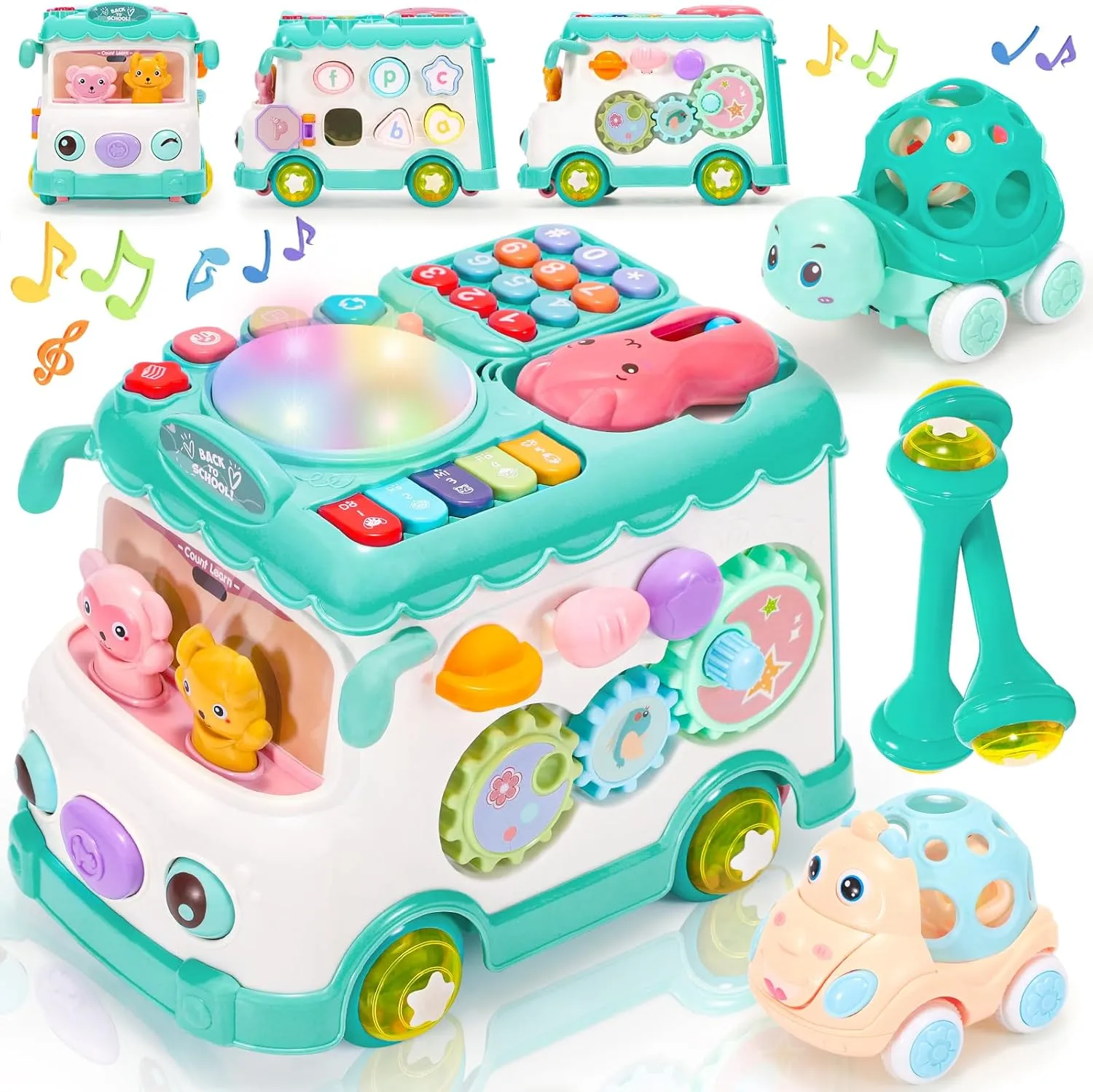 Baby Gift for 1-2 Year Old Girl, 10-in-1 Montessori Toys Bus for Baby 6-12-18 Months , First Christmas and Birthday Gifts, Blue Educational Musical Sensory Learning Toddler Toys Age 1-2