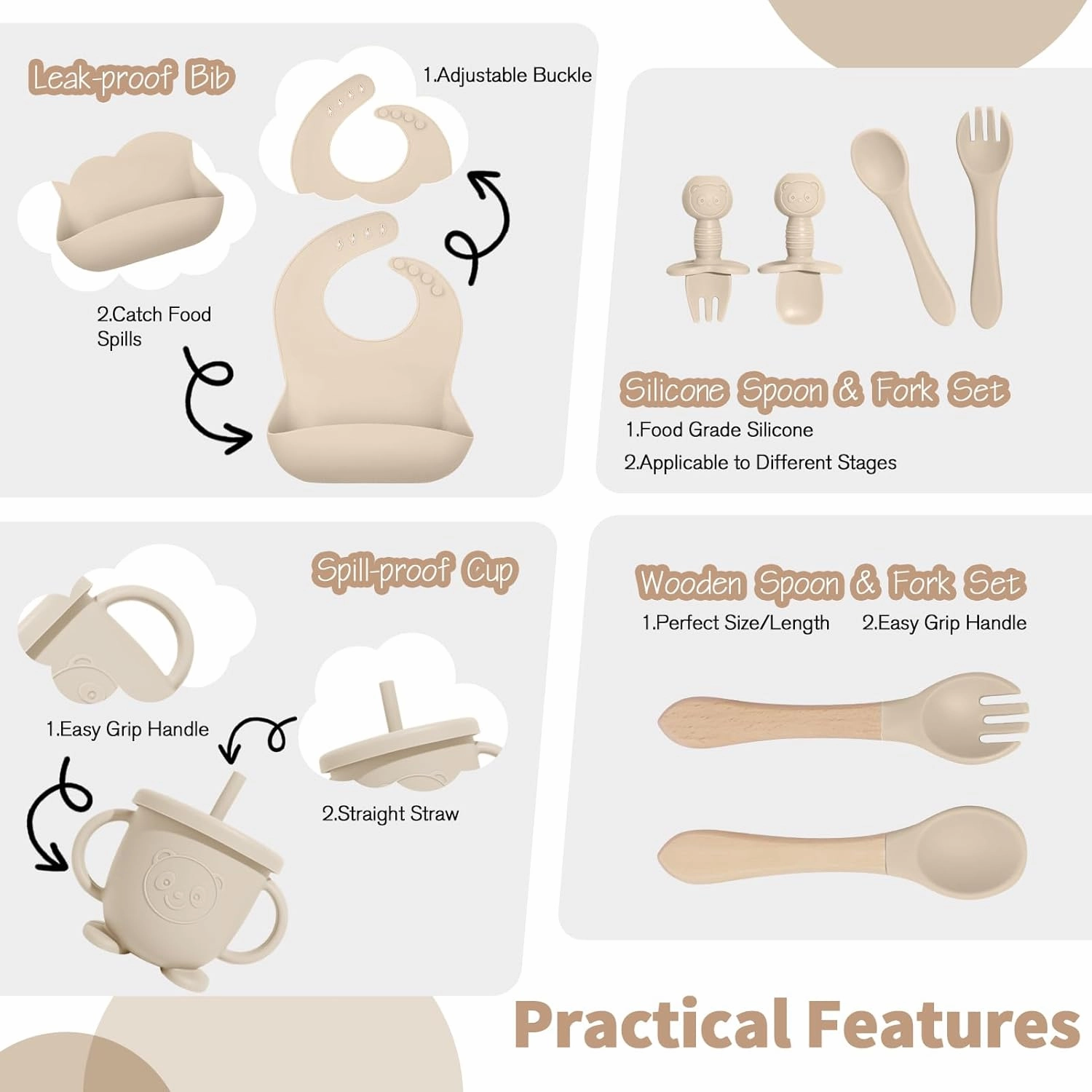 Baby Led Weaning Supplies, 17 Piece BPA-Free Silicone Feeding Set, Eating Essentials Baby Utensils with Suction Plate and Bowl, Pocket Bib, Sippy Cup with Lid, for 6  Months, Beige