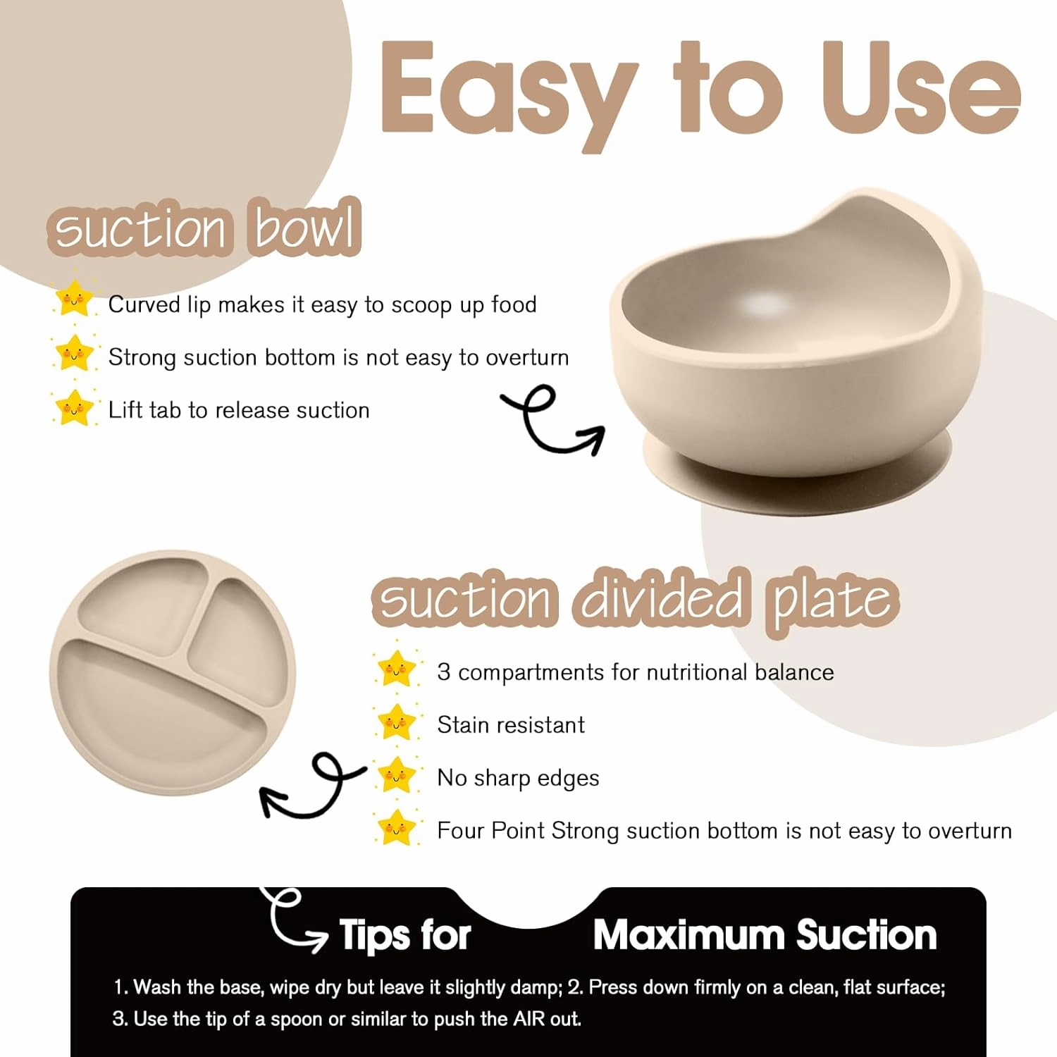 Baby Led Weaning Supplies, 17 Piece BPA-Free Silicone Feeding Set, Eating Essentials Baby Utensils with Suction Plate and Bowl, Pocket Bib, Sippy Cup with Lid, for 6  Months, Beige