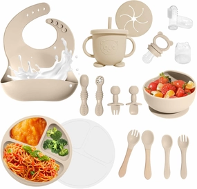 Baby Led Weaning Supplies, 17 Piece BPA-Free Silicone Feeding Set, Eating Essentials Baby Utensils with Suction Plate and Bowl, Pocket Bib, Sippy Cup with Lid, for 6  Months, Beige