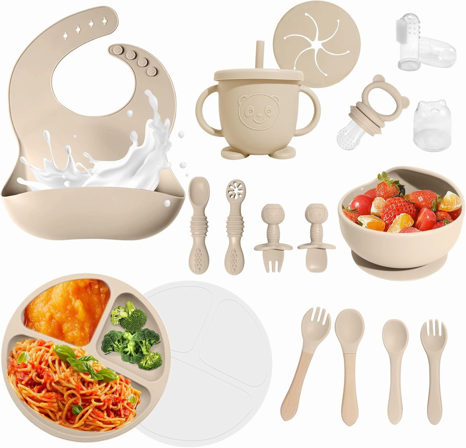 Baby Led Weaning Supplies, 17 Piece BPA-Free Silicone Feeding Set, Eating Essentials Baby Utensils with Suction Plate and Bowl, Pocket Bib, Sippy Cup with Lid, for 6  Months, Beige